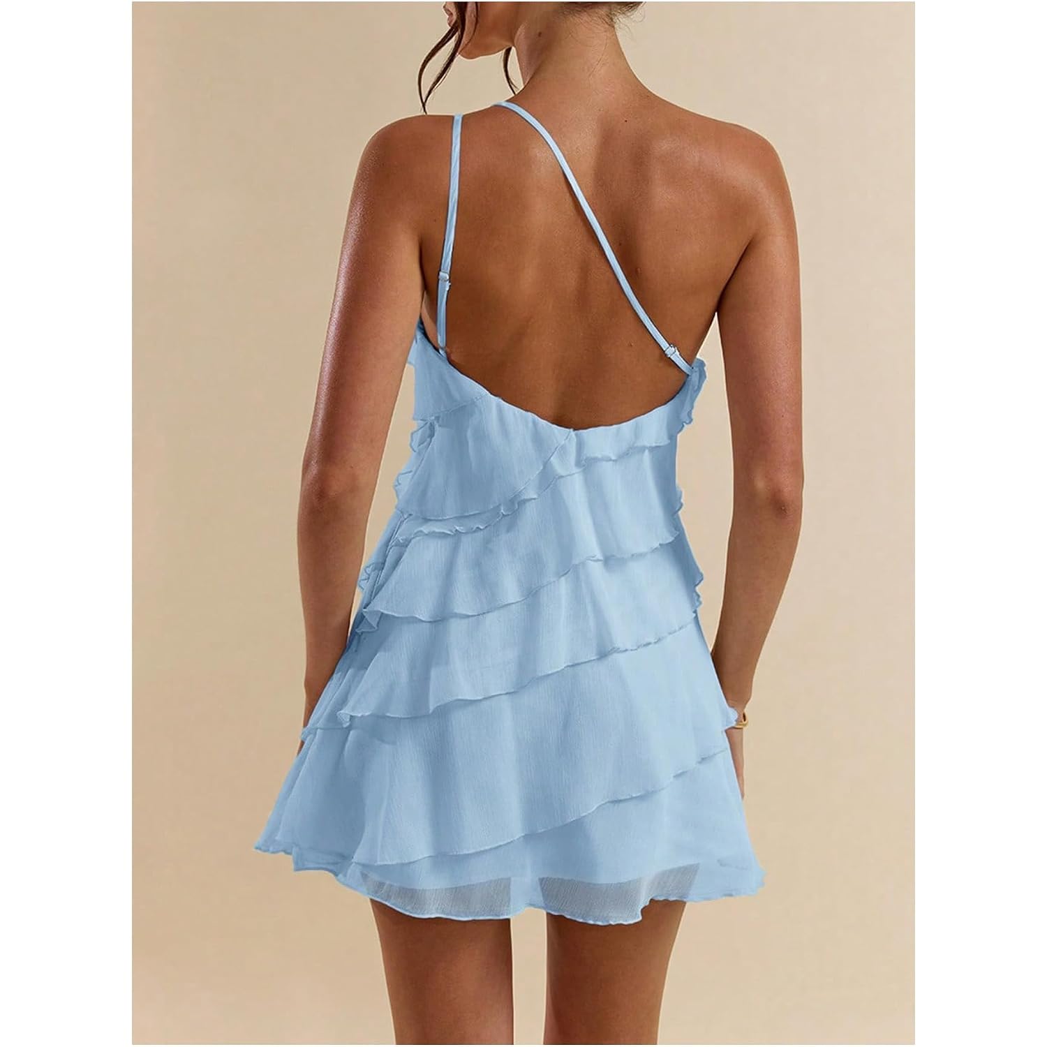 Soly Hux Women'S Mini Dress One Shoulder Ruffle Mesh Dresses Layered Backless Vacation Party Sundresses
