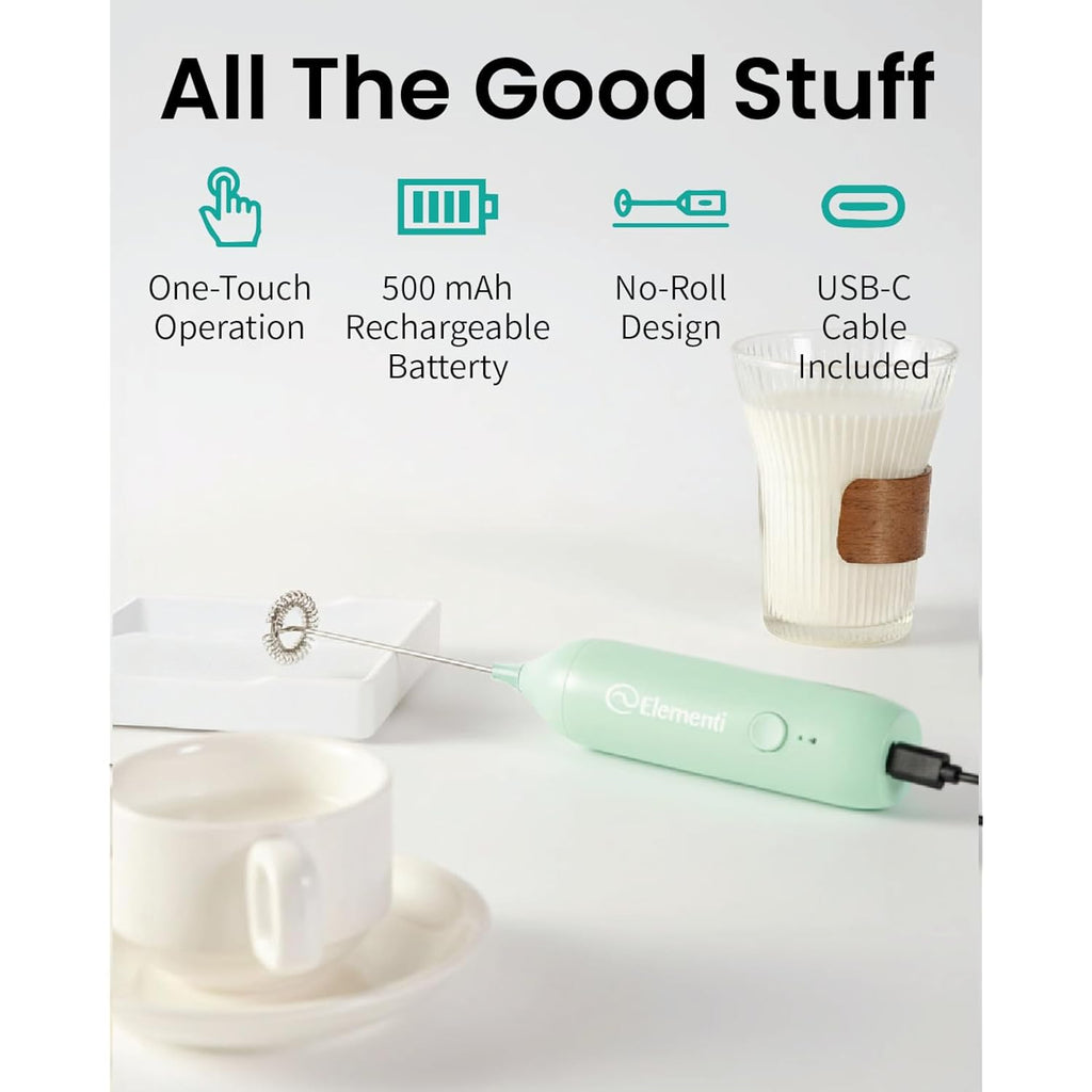 Elementi Rechargeable Milk Frother Wand & Drink Mixer Handheld - Powerful Usb-C Rechargeable Frother - Hand Held Milk Foamer Whisk To Make Perfect Cappuccinos, Lattes & Drink Mixes (Mint Green)