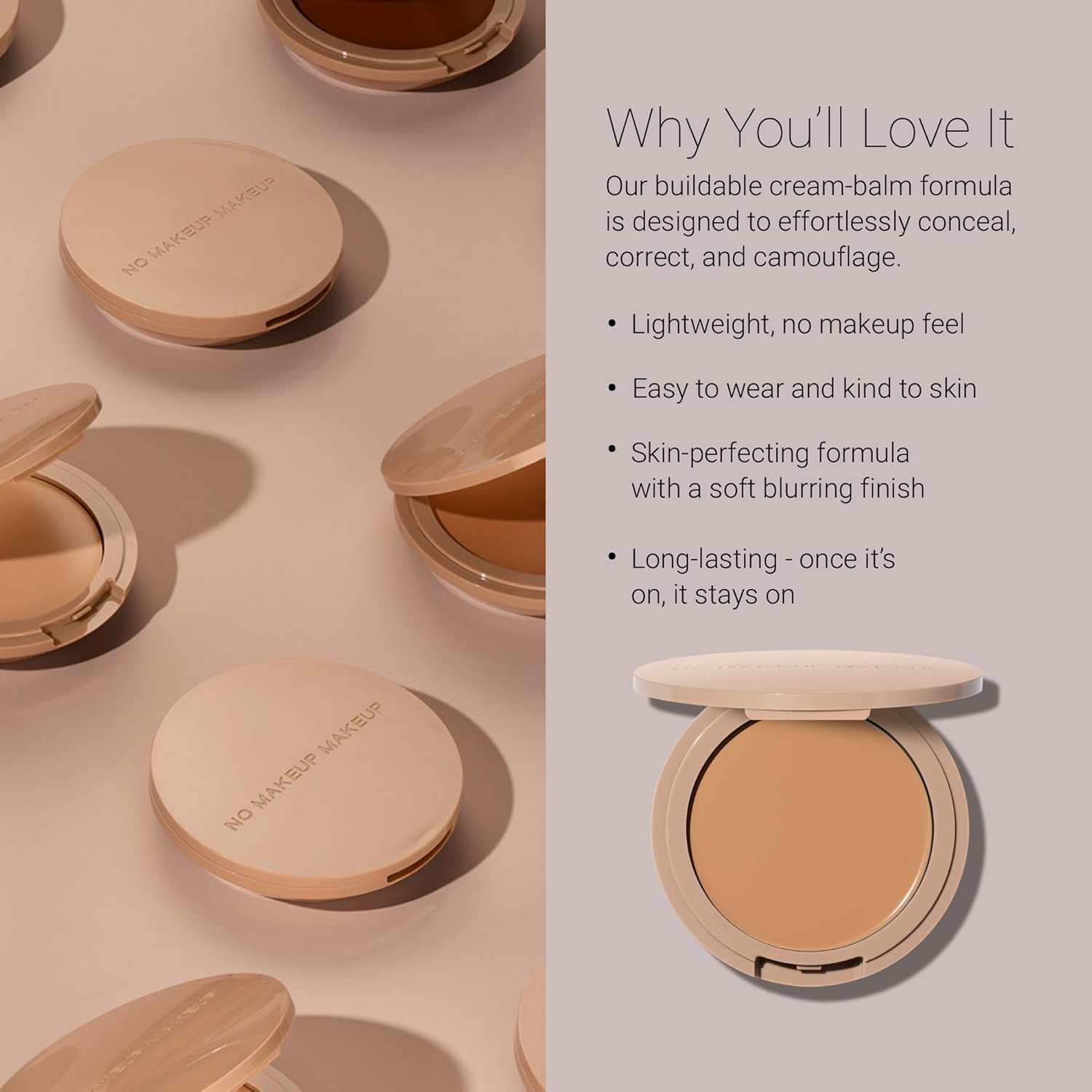 No Makeup Makeup Foundation + Brush Duo, Cream-Balm Formula Conceals, Corrects and Camouflages with Skin-Tone Adaptive Flexshade Technology, Buildable, Long-Lasting, Cruelty-Free, Vegan, Light