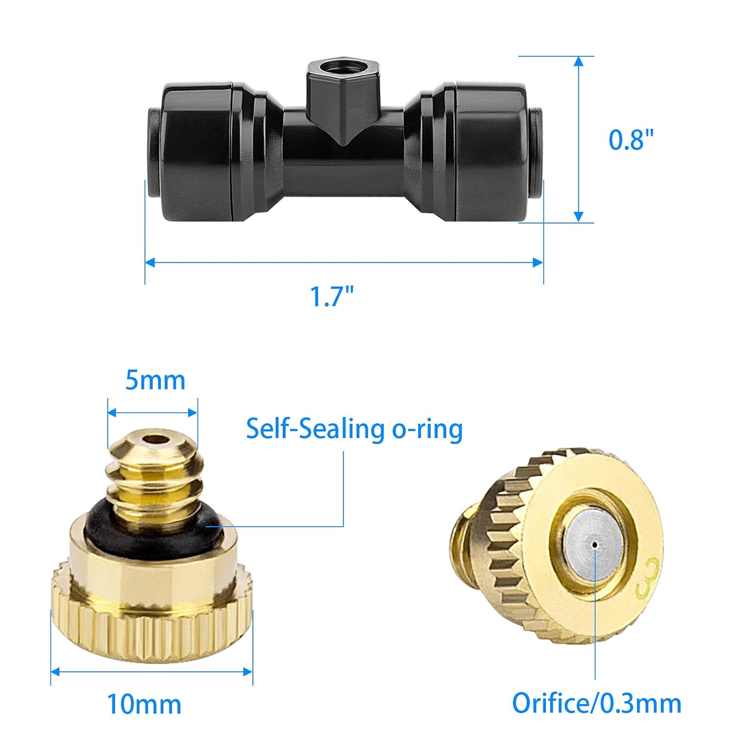 Brass Mister Nozzles 20 Pack With Misting Nozzle Tees & End Plugs | 20 Pack Misting Nozzle Tees, 2 Pack End Plugs, Outdoor Cooling System, Patio Misting System