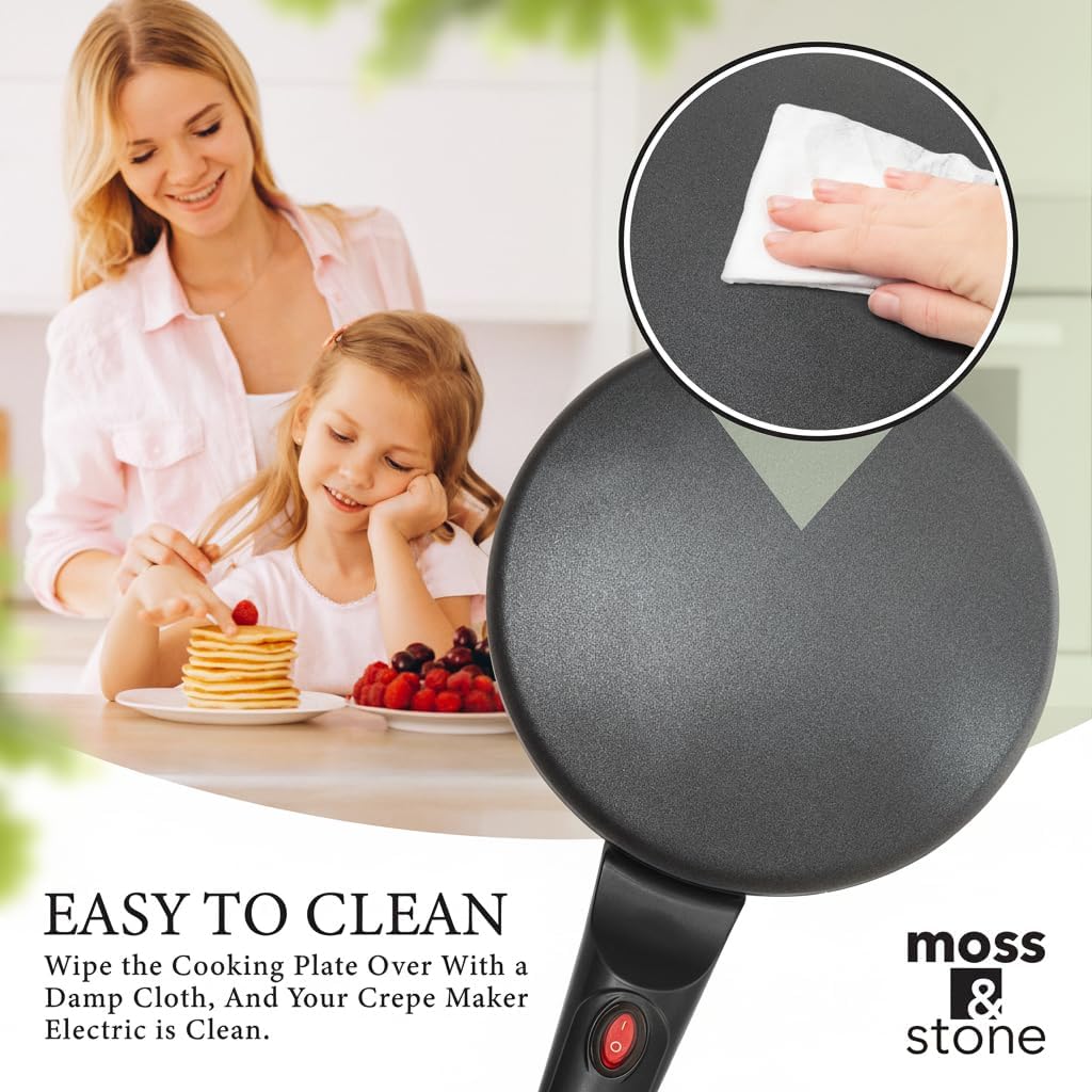 Moss & Stone Black Electric Crepe Maker, 8" Portable Nonstick Crepe Pan | Nonstick Dipping Plate, Auto Shut-Off, On/Off Switch, Even Heating, Automatic Temperature Control, Compact Design