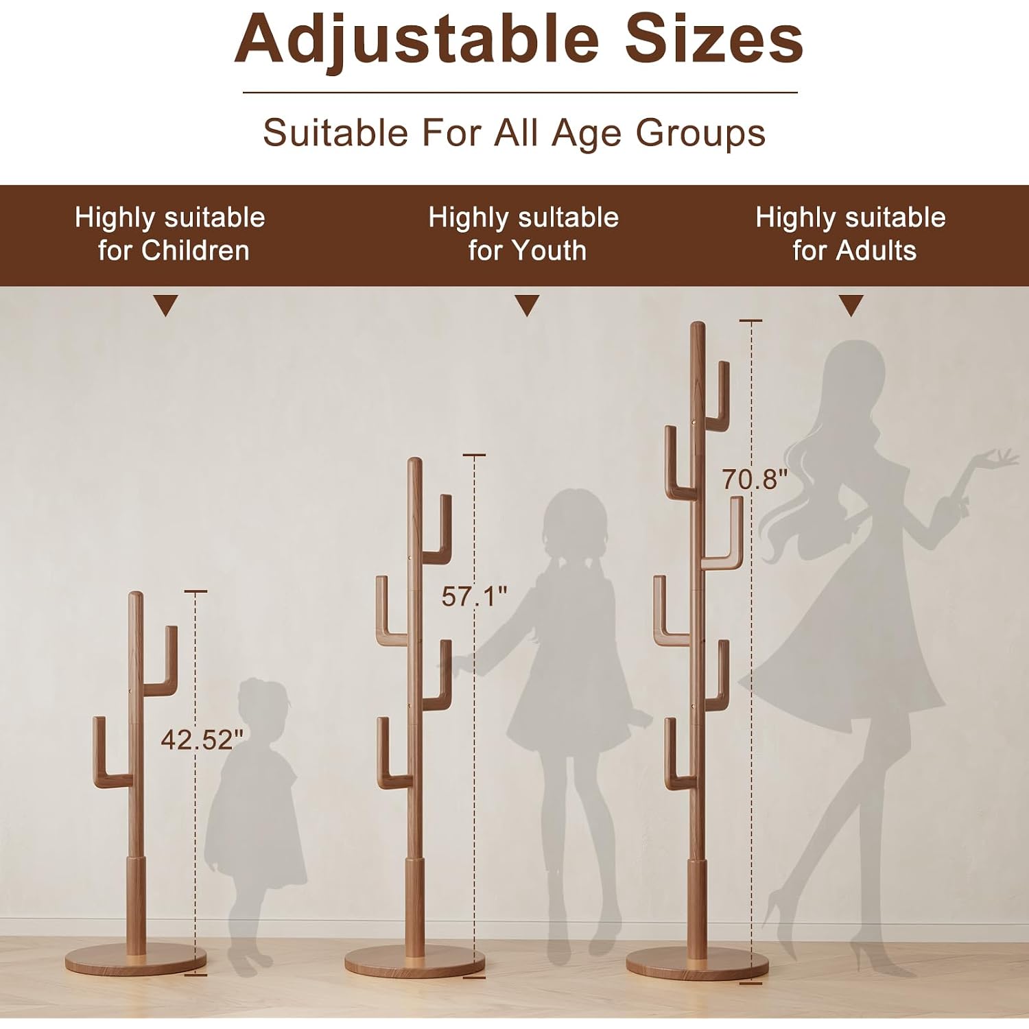 Solid Wood Cactus Coat Rack, Freestanding Coat Rack With 6 L-Shaped Hooks And 3 Adjustable Sizes, Coat Tree For Bedroom, Entryway, Livingroom, Coat Hanger Stand For Coats, Handbags (Walnut)