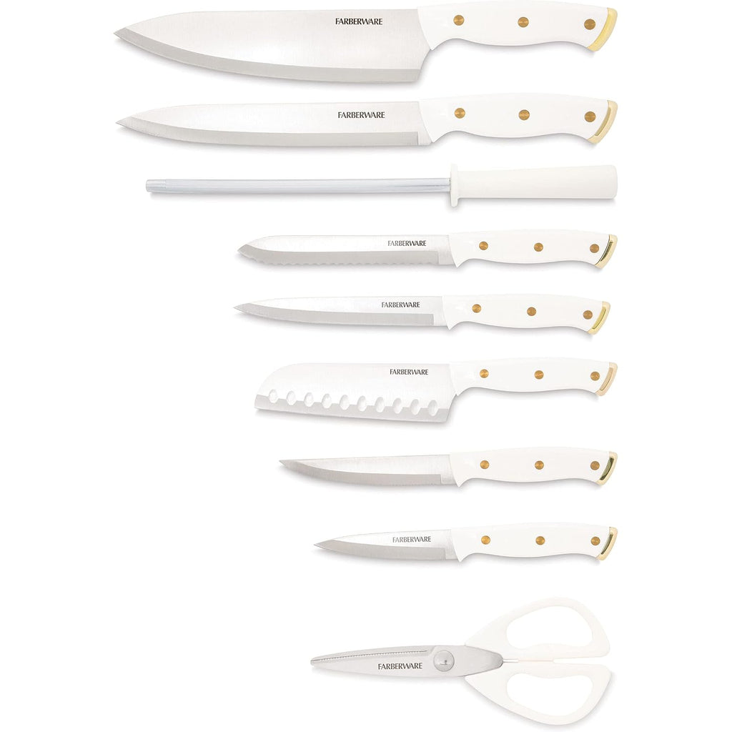 Farberware 15-Piece Knife Block Set, Triple-Riveted High-Carbon Stainless Steel Kitchen Knives, Razor Sharp Blades, Wood Storage Block, White/Gold