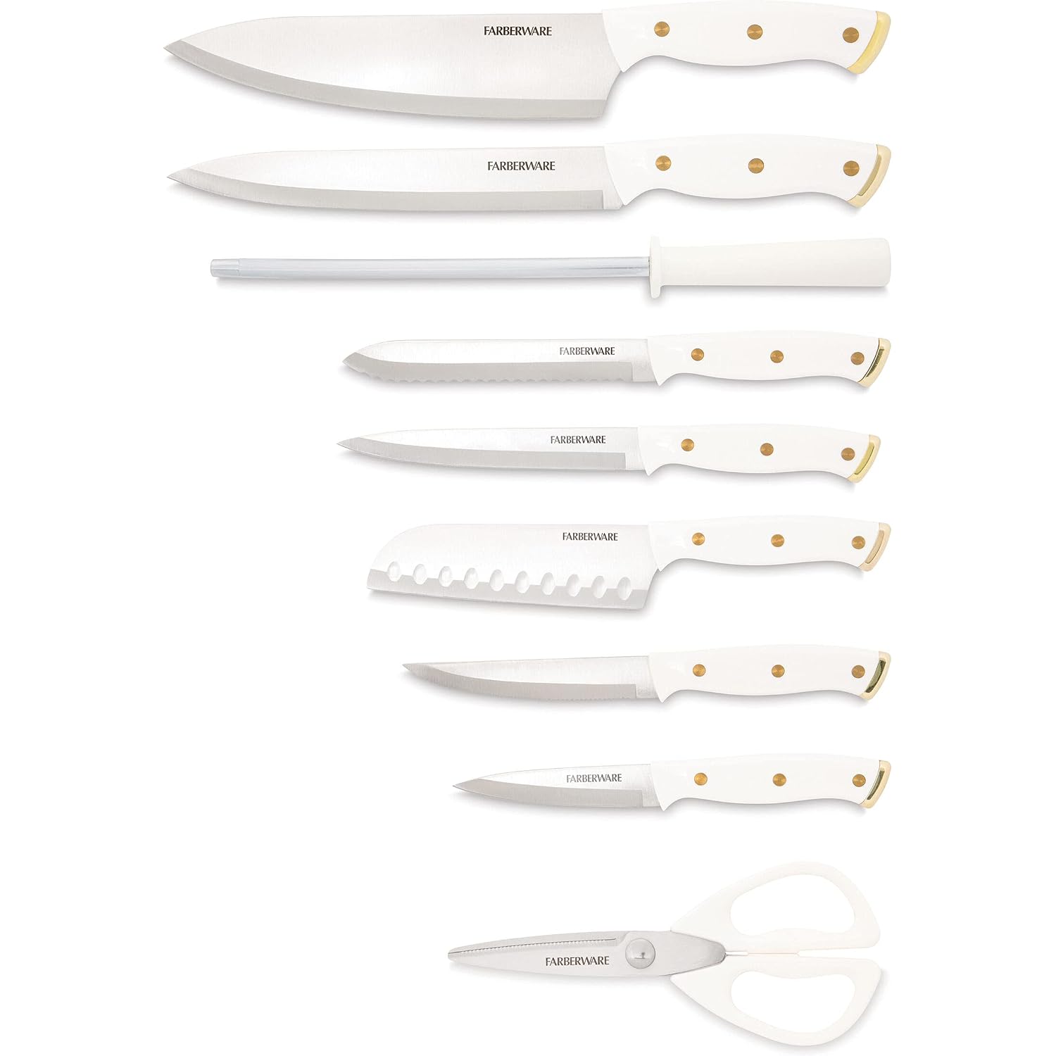 Farberware 15-Piece Knife Block Set, Triple-Riveted High-Carbon Stainless Steel Kitchen Knives, Razor Sharp Blades, Wood Storage Block, White/Gold