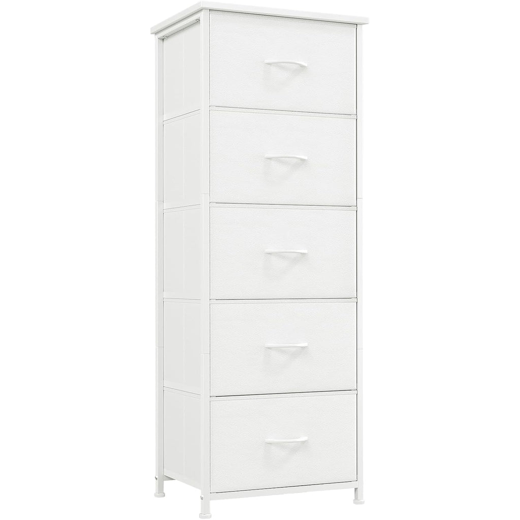 Somdot Tall Dresser For Bedroom With 5 Drawers, Storage Organizer Chest Of Drawers With Removable Fabric Bins For Closet Bedside Living Room Laundry Entryway Hallway, White Leather