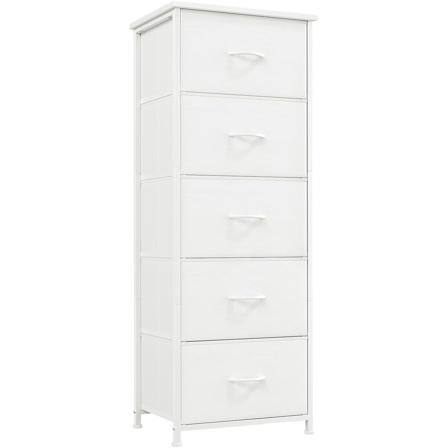 Somdot Tall Dresser For Bedroom With 5 Drawers, Storage Organizer Chest Of Drawers With Removable Fabric Bins For Closet Bedside Living Room Laundry Entryway Hallway, White Leather