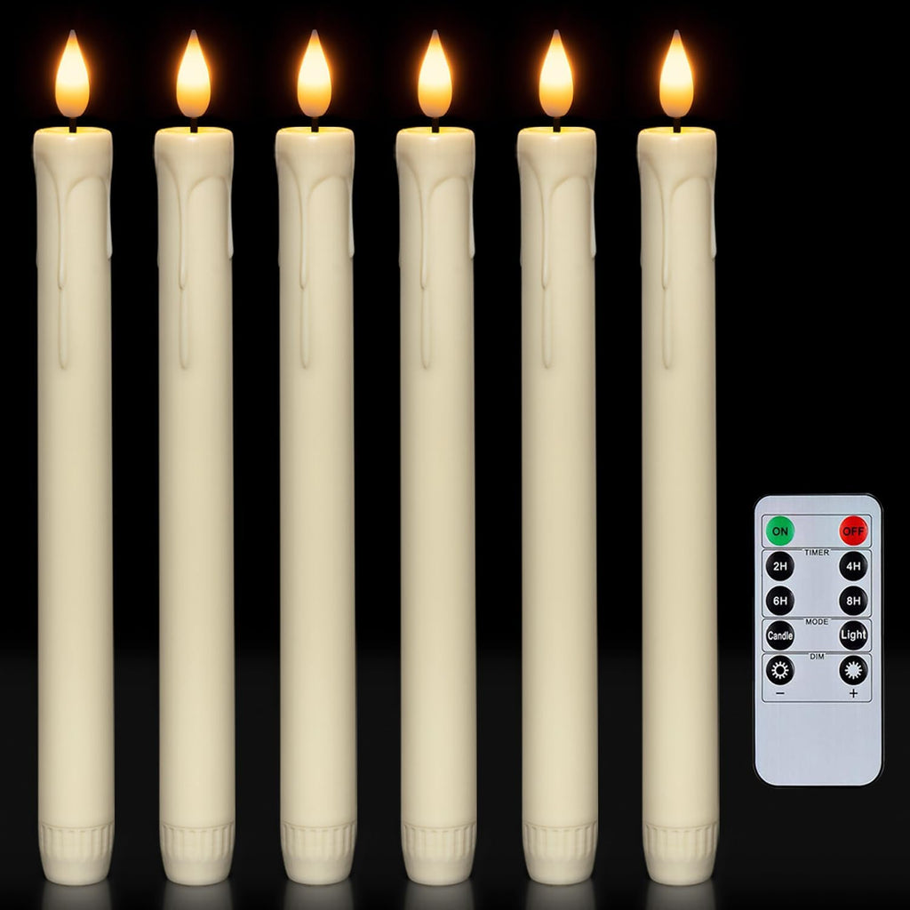 Homemory 6 Pcs Flameless Taper Candles With Remote, Timer, Dimmer, Ivory Battery Operated Candlesticks With Flickering Light, Plastic Led Window Candles, 9.6 Inches For Halloween Christmas Decoration