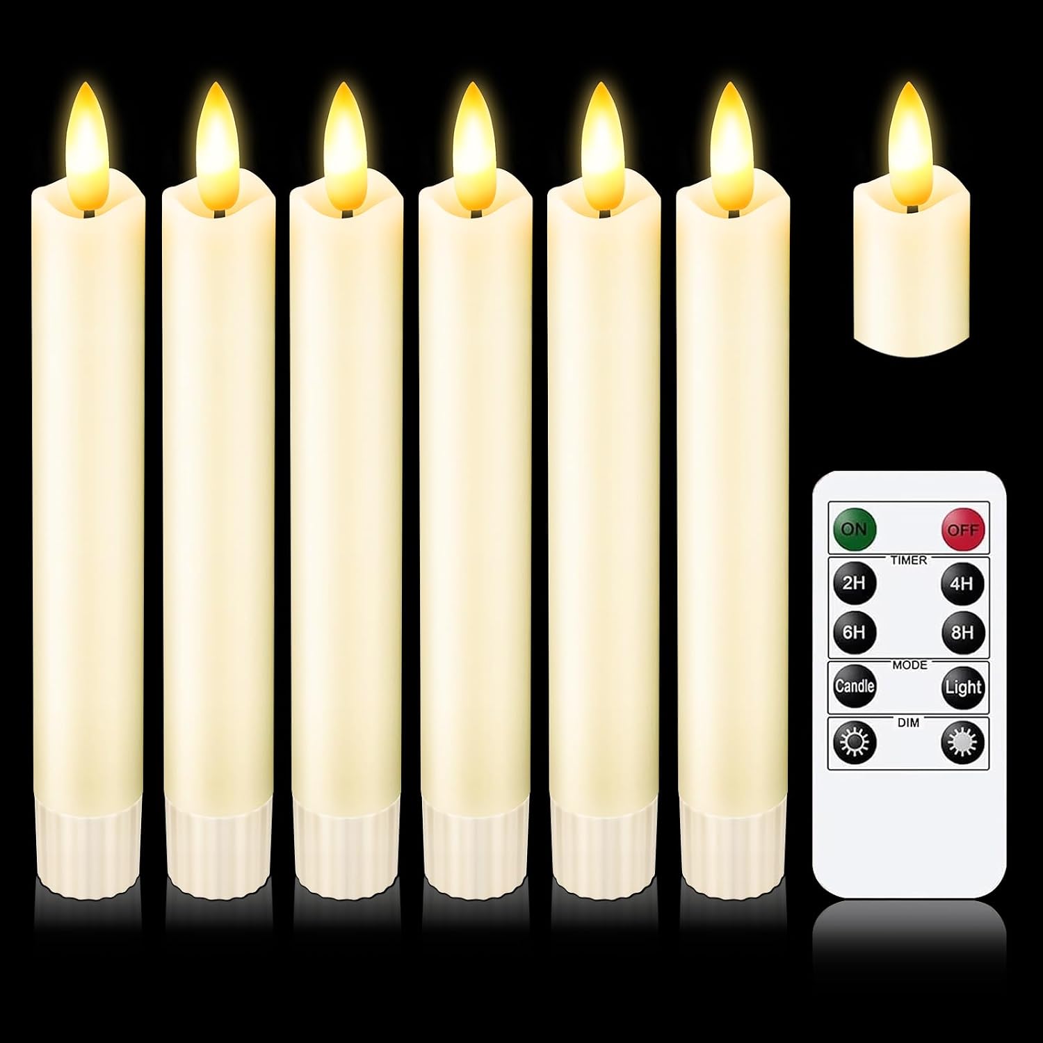 Upgraded Real Wax Short Led Flameless Taper Candles With Remote, 6 Pcs Ivory Candlesticks Battery Operated 3D Flickering - 6" Realistic Fake Candle Sticks For Home/Wedding/Fireplace Xmas Decor