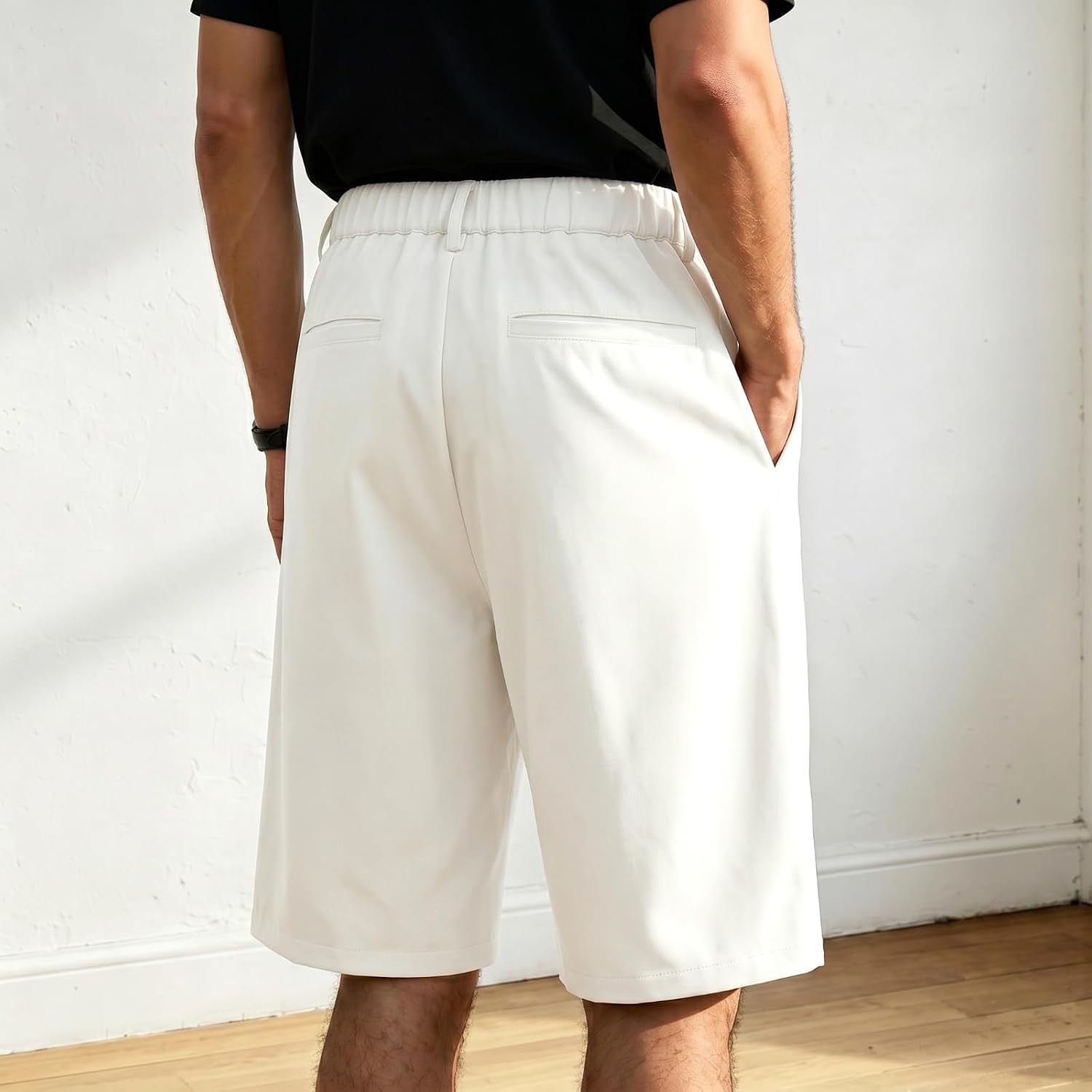 Heyfanee Mens Baggy Pleated Dress Shorts Elastic Waist 9 Inch | Chino Bermuda Shorts,Loose Fit ,Knee Length,Stretch Waistband,Wide Leg,Perfect For Golf Business Casual Summer