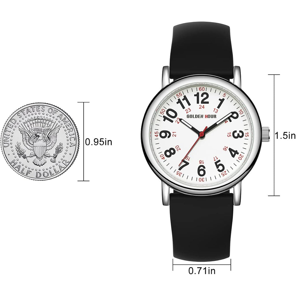 GOLDEN HOUR Waterproof Nurse Watch for Medical Professionals, Students Women Men - Military Time Luminouse Easy Read Dial, 24 Hour with Second Hand, Colorful Silicone Band