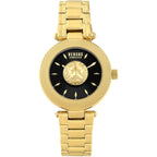 Versus Versace Brick Lane Lion Women'S Watch, 36Mm Gold Tone Stainless Steel Case, Black Sunray Dial, Gold Tone Bracelet, Quartz Movement, 3 Atm Water Resistant