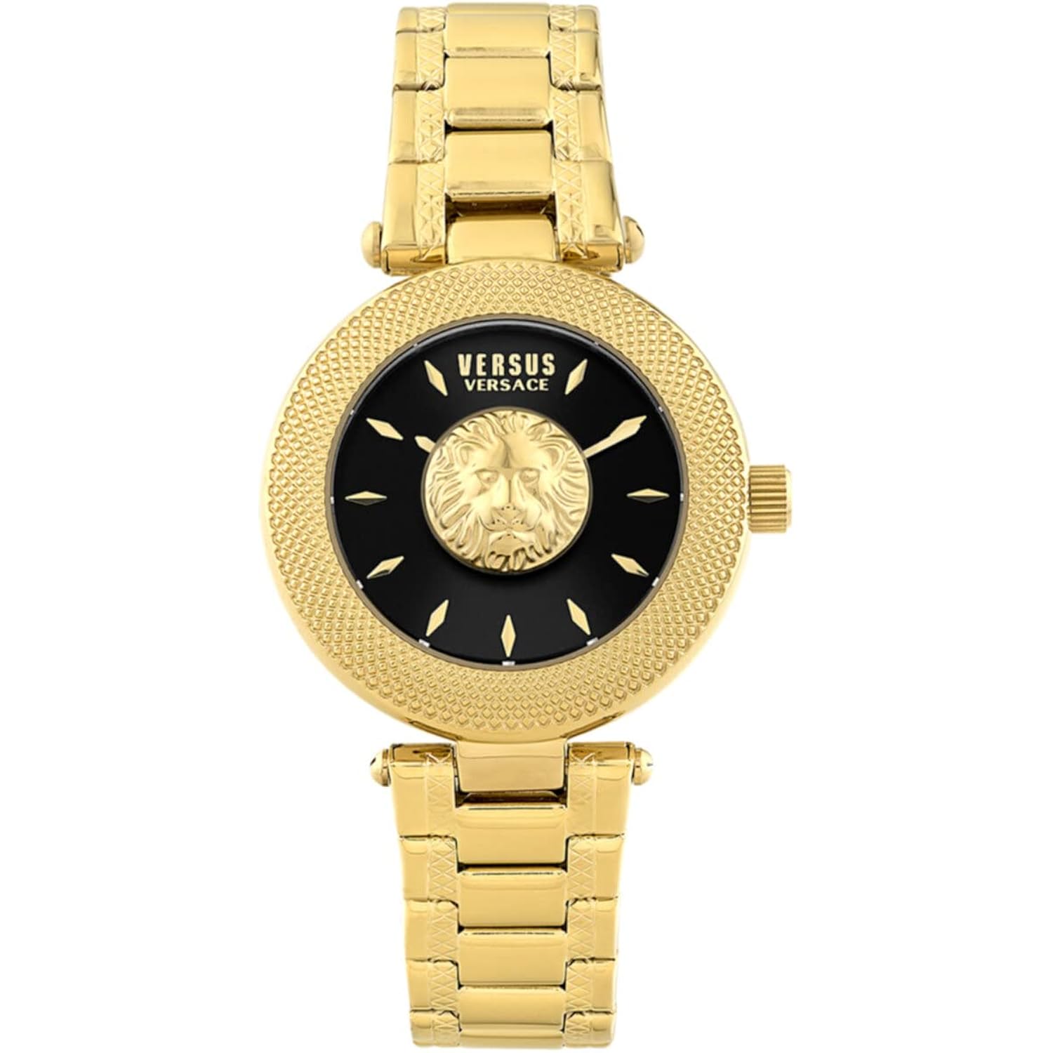Versus Versace Brick Lane Lion Women'S Watch, 36Mm Gold Tone Stainless Steel Case, Black Sunray Dial, Gold Tone Bracelet, Quartz Movement, 3 Atm Water Resistant