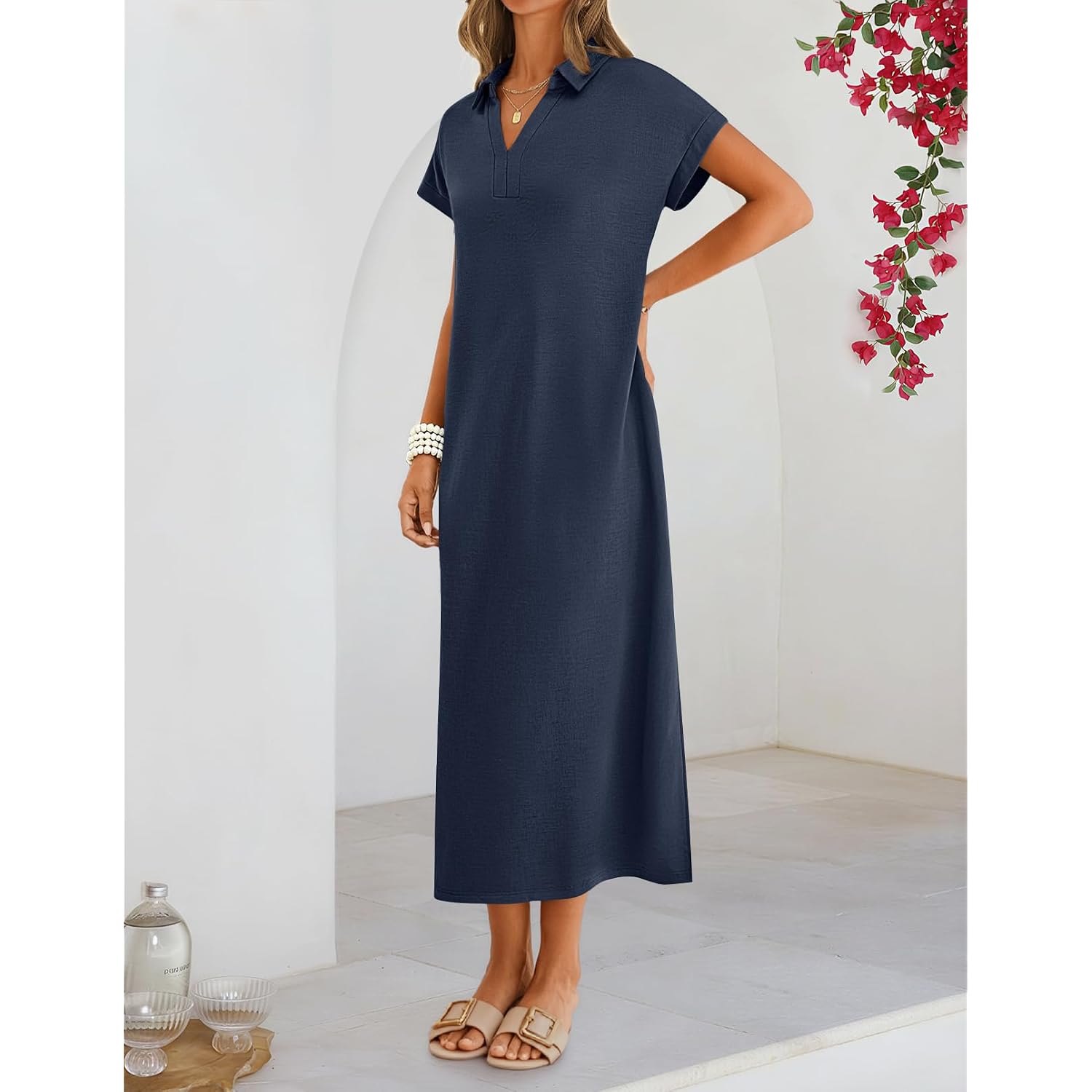 Merokeety Women'S Summer Casual Maxi Dress 2026 Cap Sleeve V Neck Collared Beach Vacation T Shirt Long Dresses
