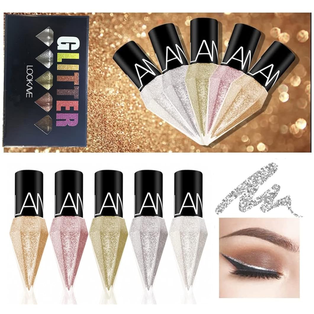 Go Ho Glitter Liquid Eyeliner Colorful Set,5 Colors Metallic Shimmer White Silver Gold Diamond Eye Liner,Glitter Eyeliner Eyeshadow Shine,Waterproof Long Lasting Glow Sparkle Eye Makeup