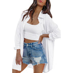 Womens Oversized Button Down Shirts Casual Loose Long Sleeve Solid Lapel Long Blouses Tops with Pockets