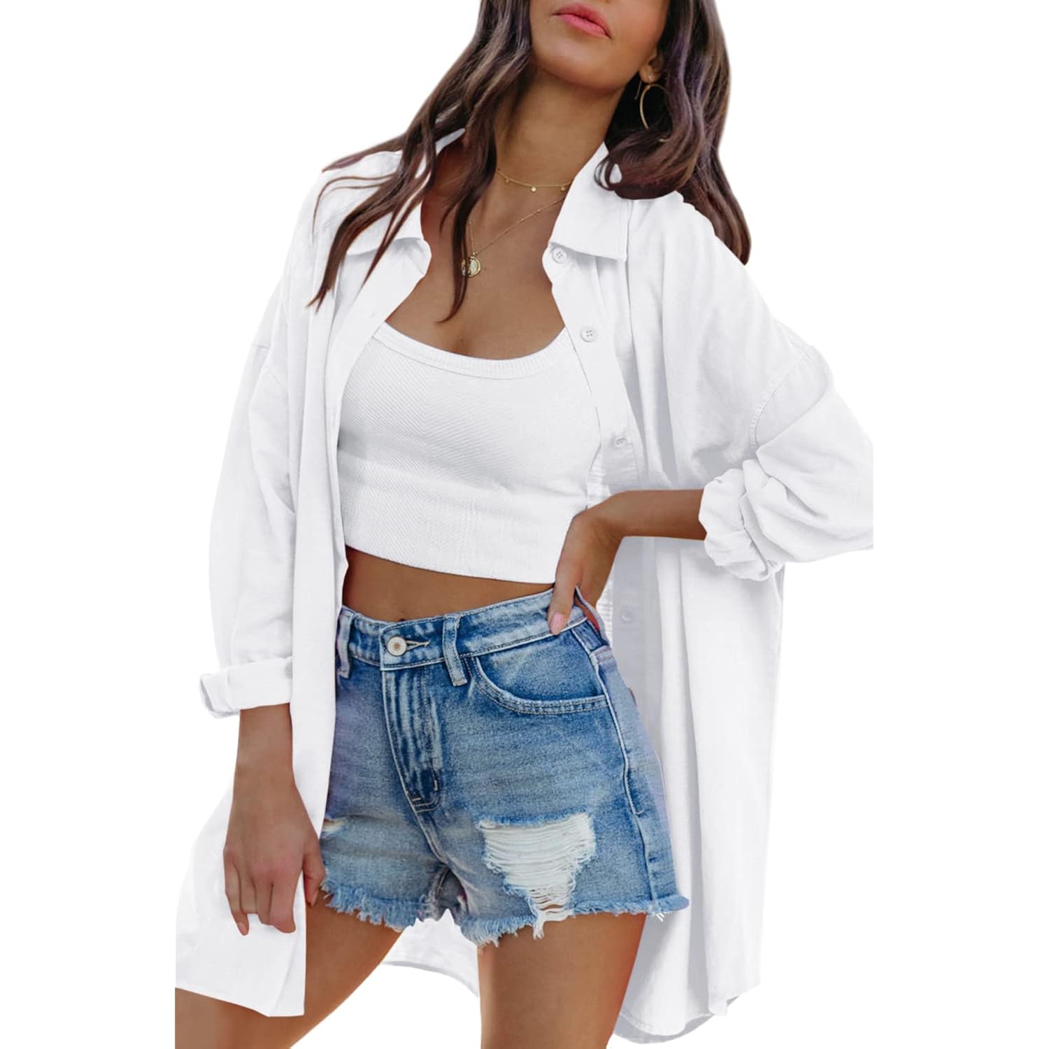 Womens Oversized Button Down Shirts Casual Loose Long Sleeve Solid Lapel Long Blouses Tops with Pockets