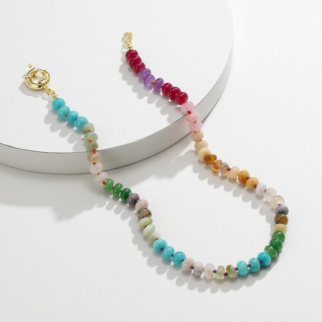 KissYan Beaded Gemstone Necklace for Women, Colorful Boho Bead Choker Natural Stone Surfer Beach Necklaces 14K Gold Plated Summer Handmade Jewelry