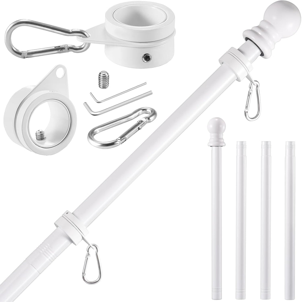 White Flag Pole Kit For House, 5 Ft Thickened Stainless Steel Outside Wall Mount Flagpole For 3X5' American Flag With 1" Tangle Free 360° Rotating Flag Pole Rings Hardware For Porch Residential