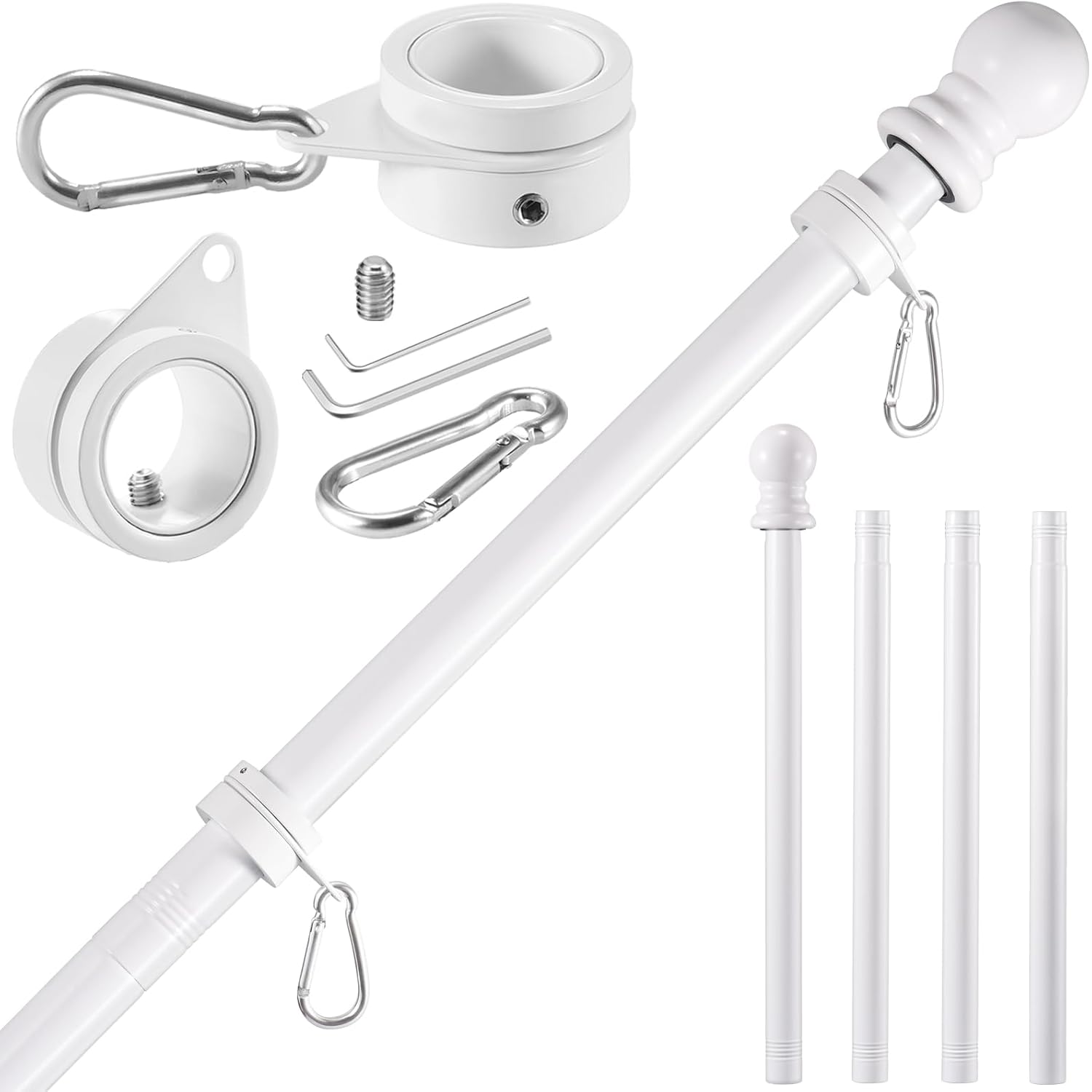 White Flag Pole Kit For House, 5 Ft Thickened Stainless Steel Outside Wall Mount Flagpole For 3X5' American Flag With 1" Tangle Free 360° Rotating Flag Pole Rings Hardware For Porch Residential