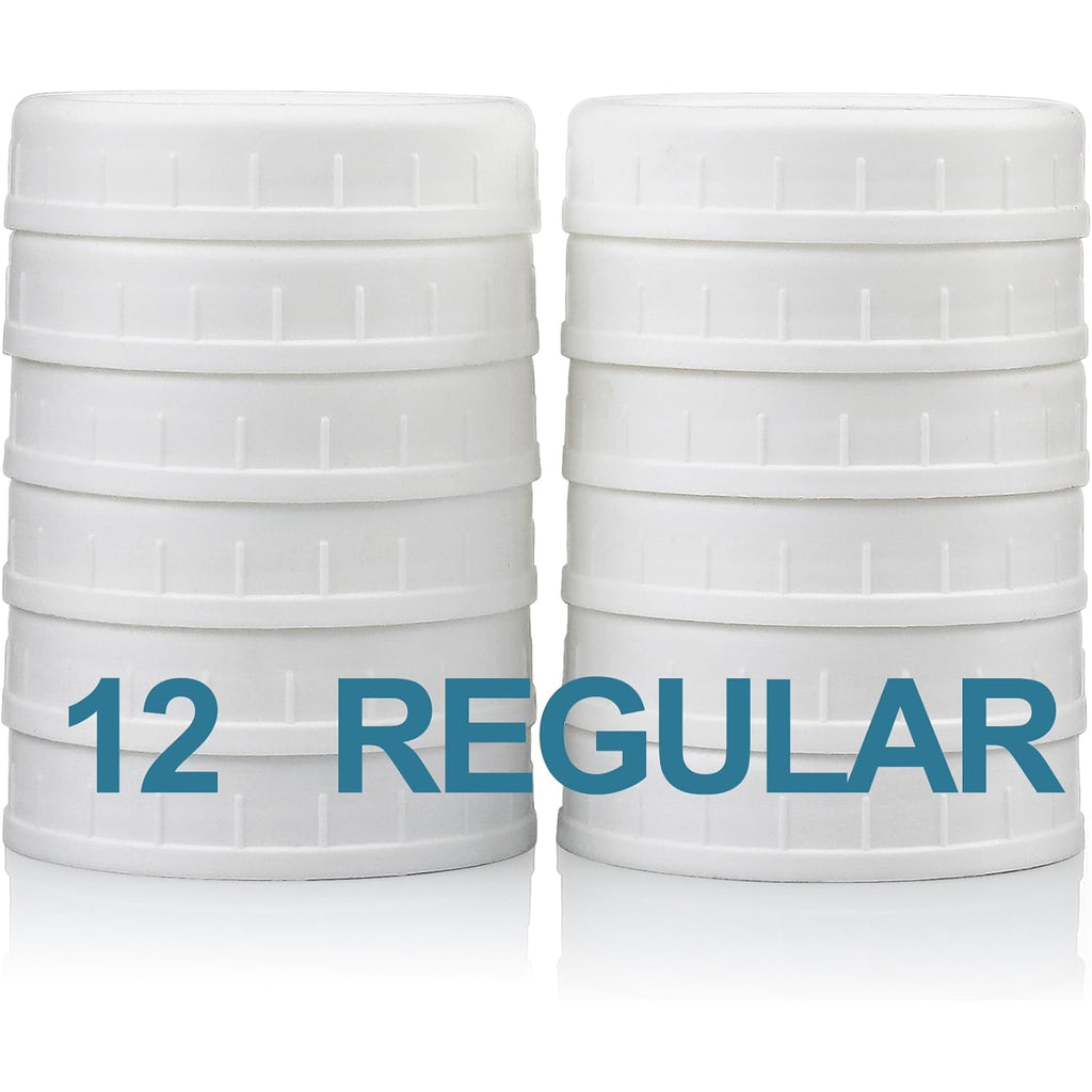 12 Pack REGULAR MOUTH Mason Jar Lids for Compatible with Ball, Kerr Regualr Mouth Jars - Plastic Storage Caps for Mason Jars, Canning Jars - Leakproof, Dishwasher Safe & Food Grade - White