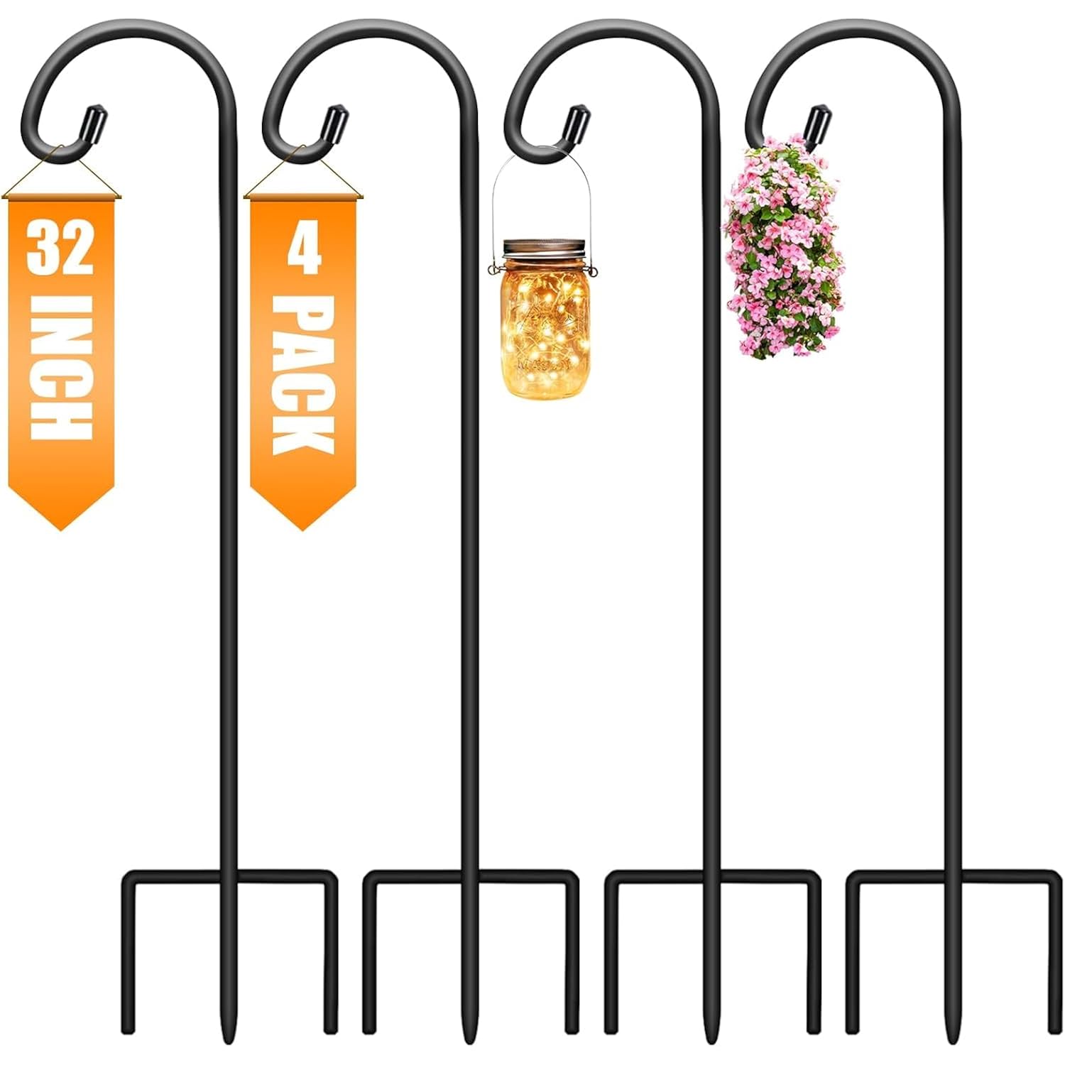 32 Inch Shepherd Hooks For Outdoor 4 Pack, Adjustable Garden Hooks For Hanging Plants, Lanterns, Solar Lights, Mason Jars & Wedding Decor, Matte Black Decorative Shepherd’S Hooks