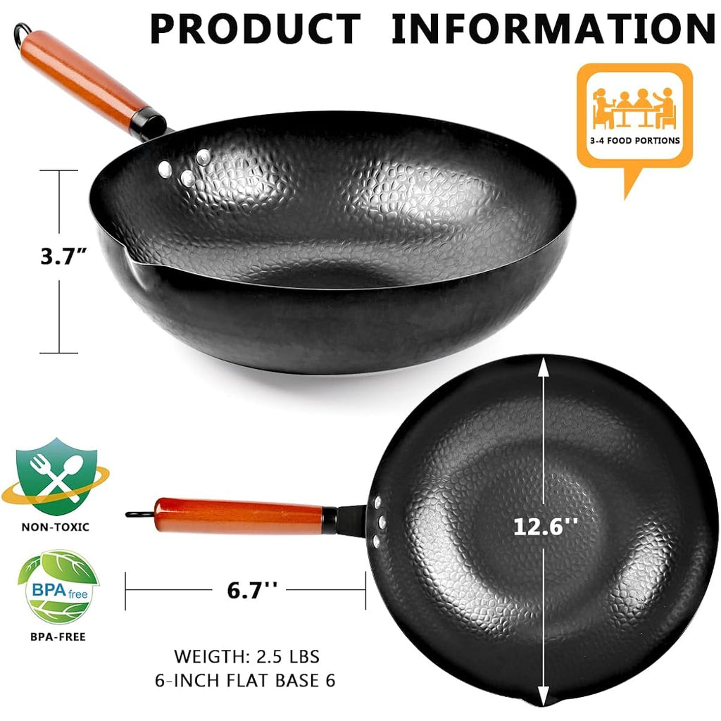 14 Piece Carbon Steel Wok Pan, Woks & Stir-Fry Pans Set With Wooden Lid Cookwares, No Chemical Coated Flat Bottom Chinese Pan For Induction, Electric, Gas, Halogen All Stoves - 12.6''