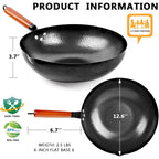 14 Piece Carbon Steel Wok Pan, Woks & Stir-Fry Pans Set With Wooden Lid Cookwares, No Chemical Coated Flat Bottom Chinese Pan For Induction, Electric, Gas, Halogen All Stoves - 12.6''