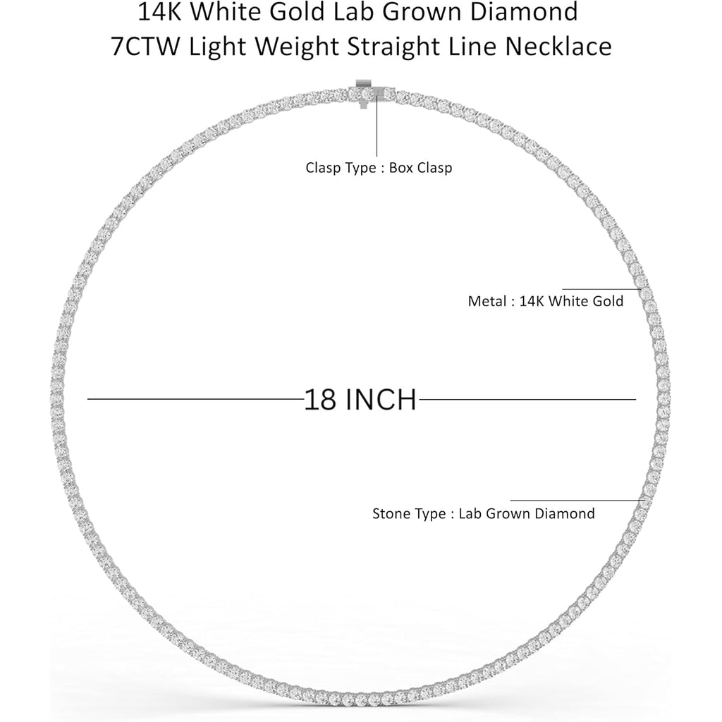 5 Carat to 30 Carat Lab-Grown Diamond Tennis Necklace | 14K Yellow or White Gold Straight Line Necklace 16-20 inch | E-F Color and VS1 Clarity