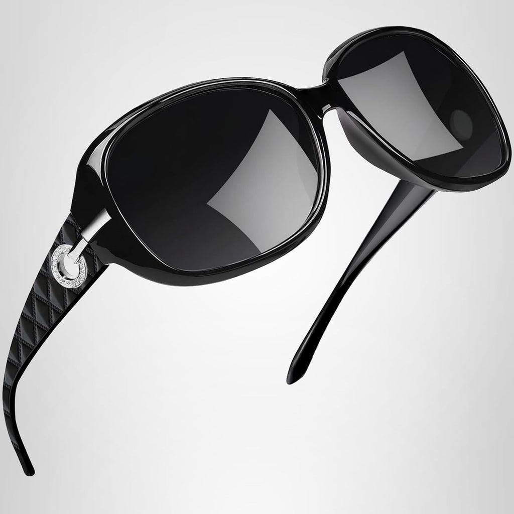Joopin Big Womens Sunglasses Polarized Trendy Sun Glasses Large Rectangle UV Protection Rhinestone Sunnies A01-black Simple Packaging