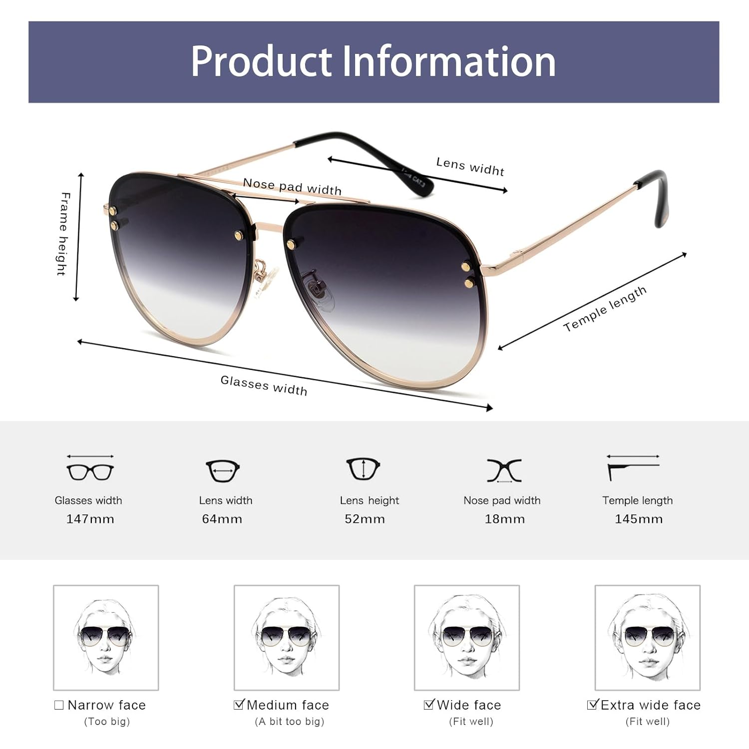 Trendy Oversized Aviator Sunglasses Womens, Retro Cute Big Shades Women's Fashion Sun Glasses UV Protection VF2203