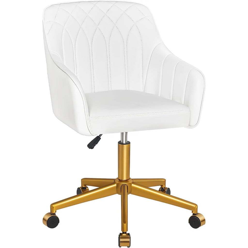 Vecelo Modern Pu Swivel Home Office Desk Chair With Back & Rolling Wheels, Adjustable Seat Height For Girls Women Bed Room Vanity Makeup/Task/Computer Work, White