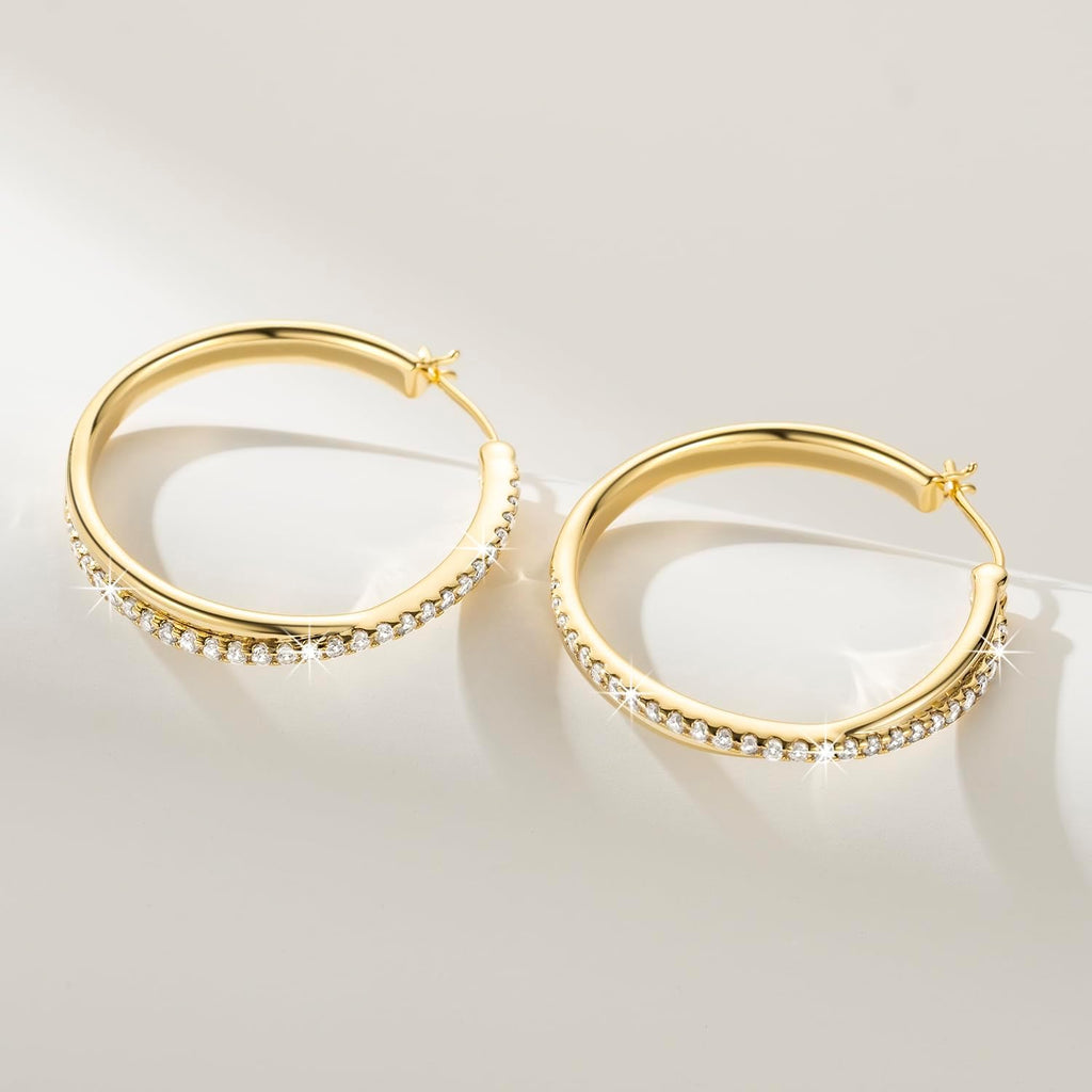 ELEBEST Hoop Earrings 14K Hoop Gold Earrings for Women Thick Large Diamond Hoops Earring Elegant X-shaped Gold Huggie Earring 30mm
