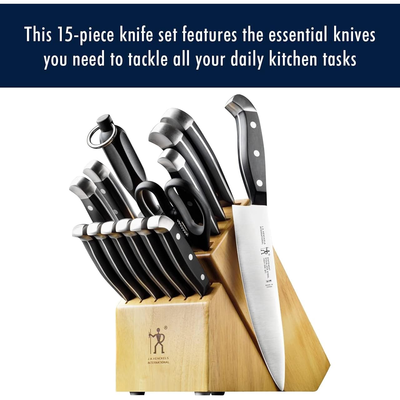 HENCKELS Statement Premium Quality 15-Piece Set with Block, Natural, Razor-Sharp, German Engineered Informed by 100+ Years of Mastery, Lightweight and Strong, Dishwasher Safe