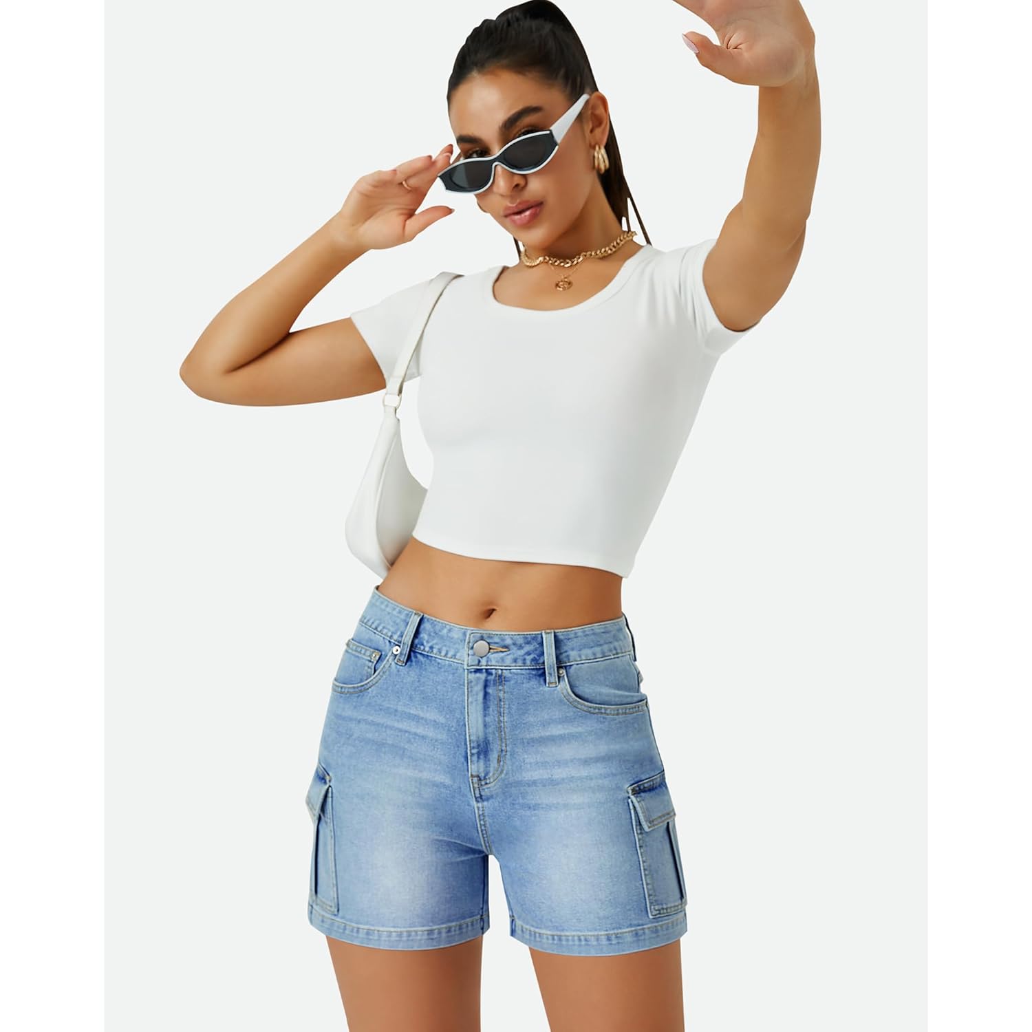 Womens Cargo Jean Shorts High Waisted Microelastic Straight Leg Long Denim Mom Shorts