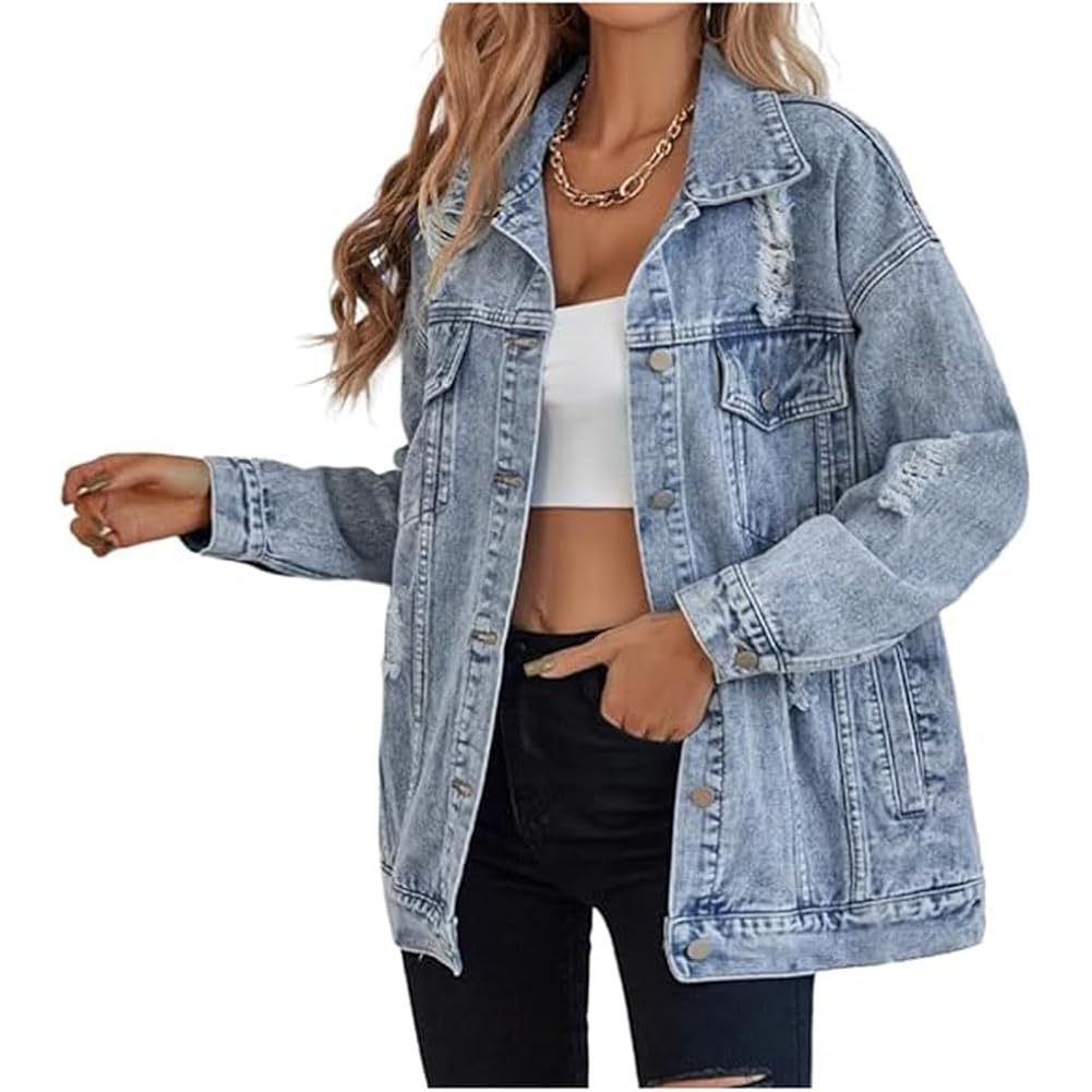 Women'S Long Oversized Denim Jacket Boyfriend Ripped Distressed Jean Jackets Coat
