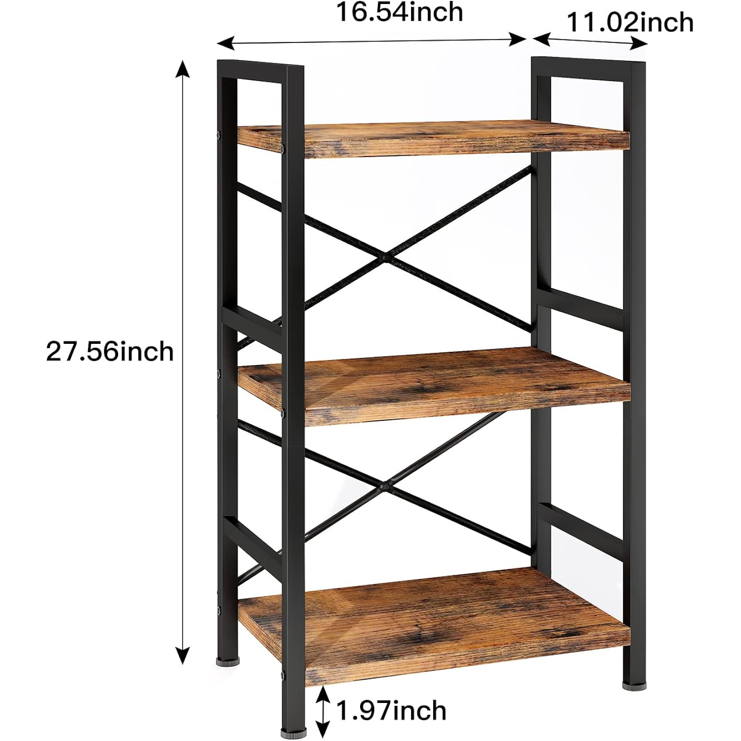 Homeiju Bookshelf, 3 Tier Industrial Bookcase, Metal Small Bookcase, Rustic Etagere Book Shelf Storage Organizer For Living Room, Bedroom, And Home Office(Rustic Brown) Patent Pending D29873033