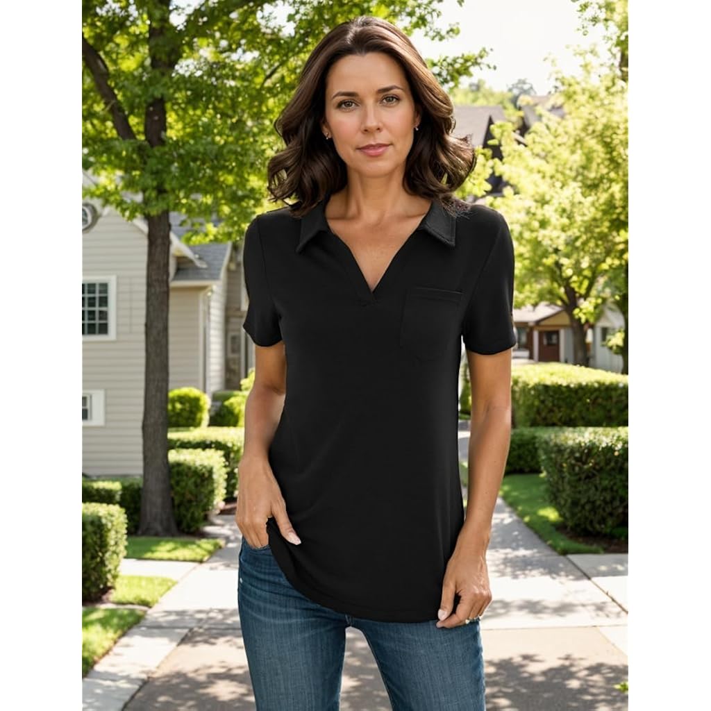 Women's Polo Shirts Collared Work Tops Short Sleeve Business Casual Dressy Blouses Summer Tops with Pocket