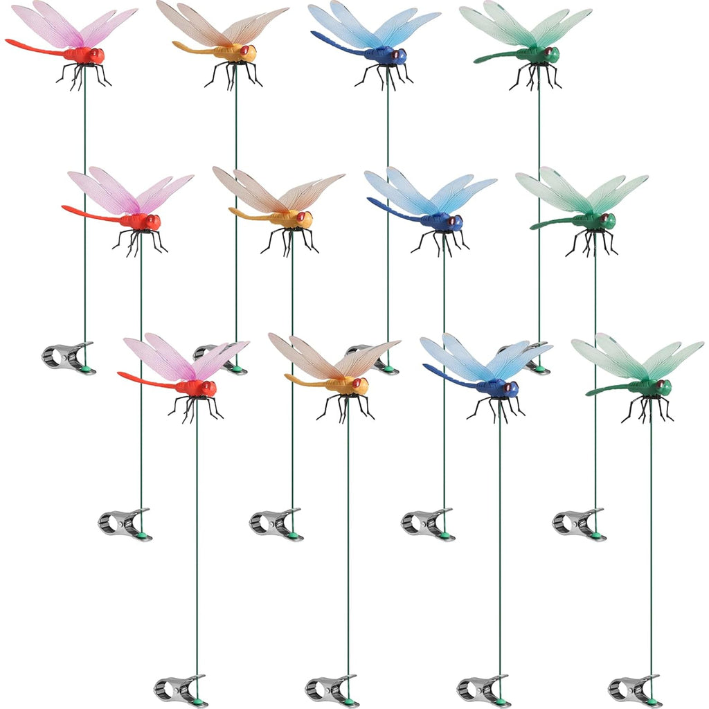12 Pack 3D Dragonfly Clips, Fake Dragonfly Ornaments Outdoor Yard Garden Stakes For Hat,Deer And Horse, Fly Scare Devices For Indoor Outdoor Garden Patio Plants