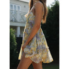 Mansy Womens 2026 Summer Floral Mini Dress Boho Flowy Skater Dresses Short Sleeveless Ruffle Spaghetti Strap Dress
