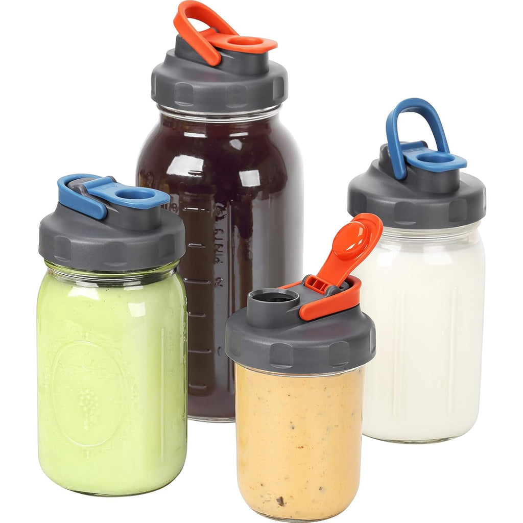 SOLIGT 4 Pack Mason Jar Lids, Wide Mouth Pour Spout Flip Cap Lids for Ball Brand Mason Jars, Leak Proof Airtight for Drinking Salad Dressing & Food Storing