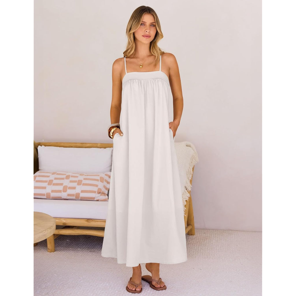 Merokeety Women'S Summer Linen Sundress Boho Maxi Dress | Adjustable Spaghetti Strap, Square Neck, Lightweight & Breathable, Sexy Vacation Beach Dress With Pockets