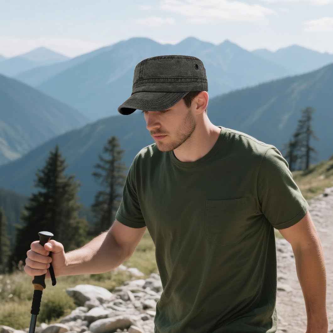 Military Cadet Army Cap for Men Women – Washed Cotton Vintage Adjustable Flat Top Hat Black