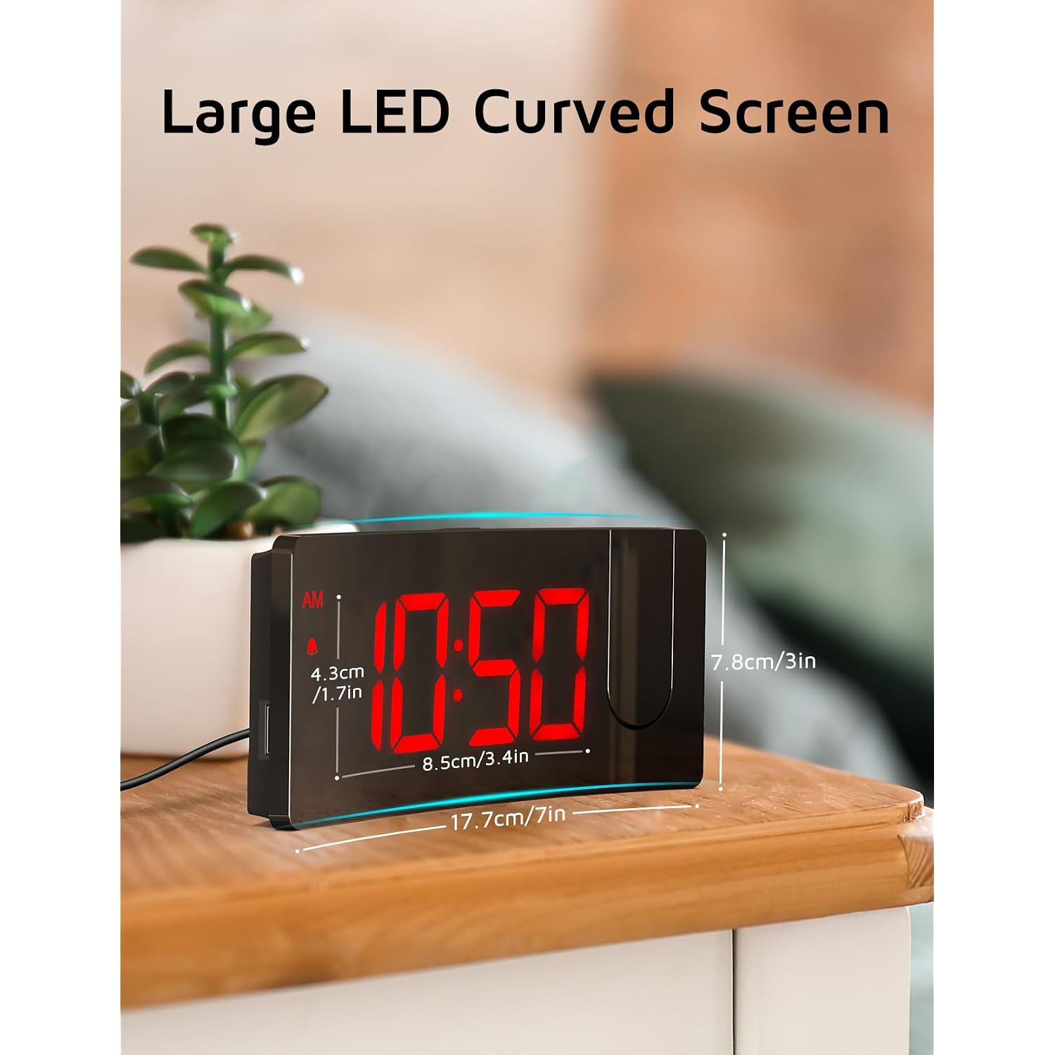 Projection Alarm Clock, Digital Clock With Modern Curved Design 180° Rotatable Projector, 3-Level Brightness Dimmer, Clear Red Led Display, Progressive Volume, 9Mins Snooze,12/24H, For Bedroom