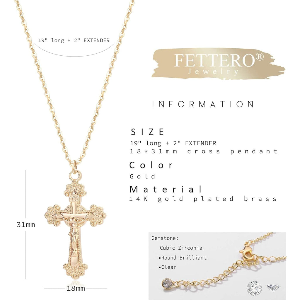 Fettero Cross Necklace Faith Pendant 14K Plated Dainty Chain Minimalist Simple Tiny God Lords Prayer Religious Jewelry