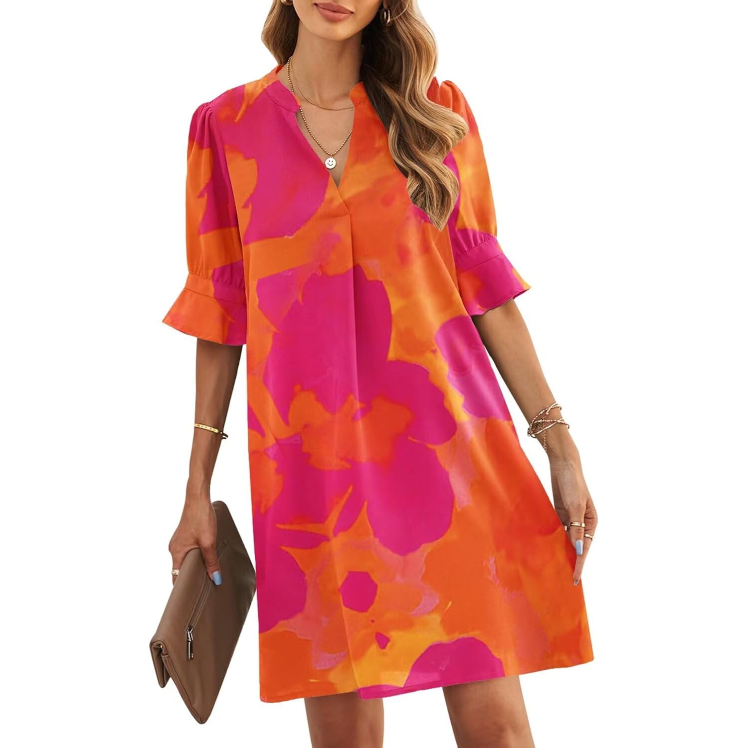 Jocafiye Womens Dresses V-Neck Ruffled Short Sleeve Dress Casual Shift Dress Summer Dresses For Women 2026