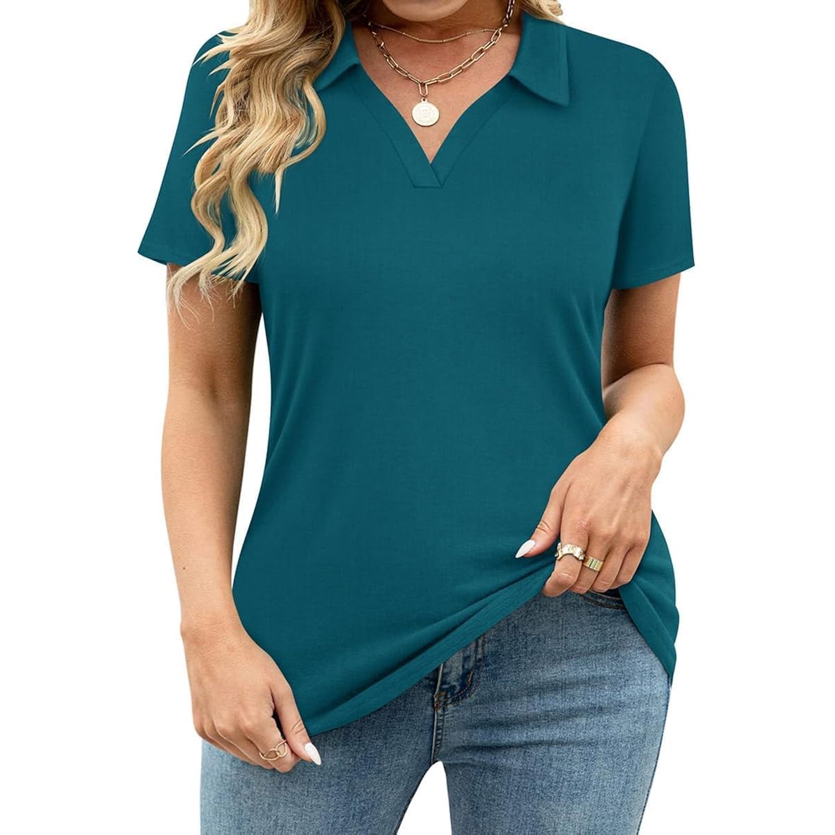 Plus Size Collared Polo Shirts Summer Short Sleeve V Neck Business Tops for Women XL-5XL