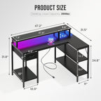 Dumos Gaming Desk, Monitor Stand, Led Lights, Storage Shelves | Usb Charging Ports, Power Outlets, Reversible L Shaped Corner, Small Spaces, Black