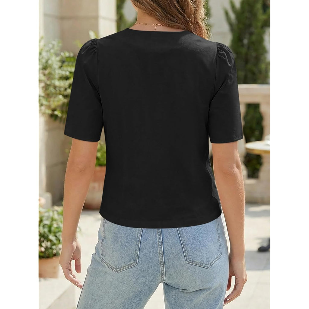 Womens Short Puff Sleeve Button Down Shirts Dressy Casual Blouses Summer Round Neck Cotton Tops
