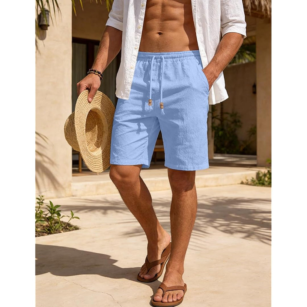 Men'S Cotton Linen Shorts Casual Elastic Waist Drawstring Summer Beach Vacation Shorts With Pockets