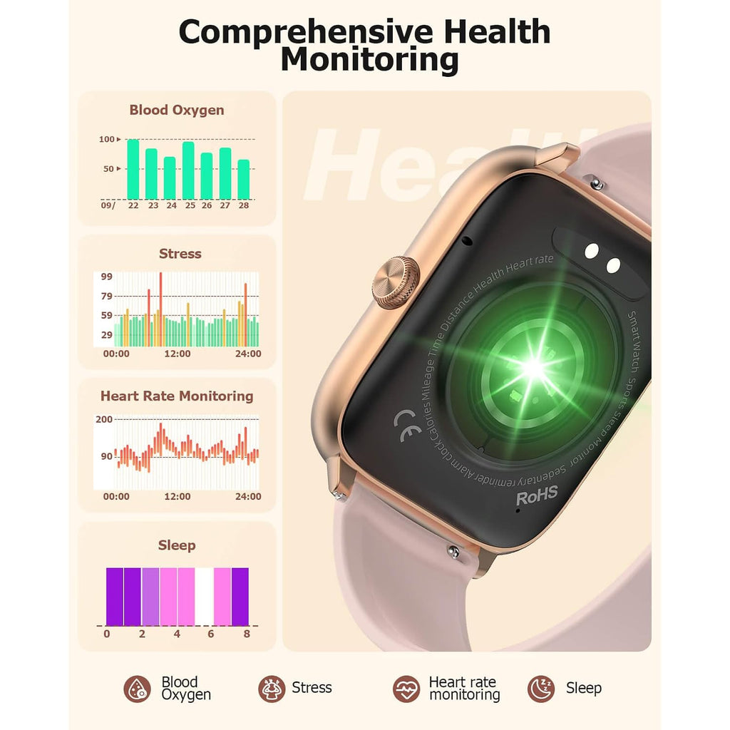 Pink Smart Watch For Women, Bluetooth Call, Blood Pressure, 2.06" Amoled, 118 Sports, Fitness Tracker, Heart Rate/Spo2/Sleep/Stress Monitor, Ip68 Waterproof, Liquid Silicone, Gift For Her Android Ios